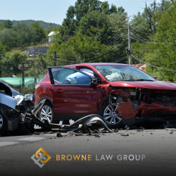Following a car accident in Casa Grande, a two damaged cars sitting in the road, surrounded with debris