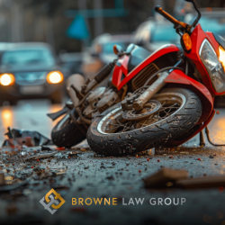 A red motorcycle lies on its side in the street in fallowing a motorcycle accident in Goodyear