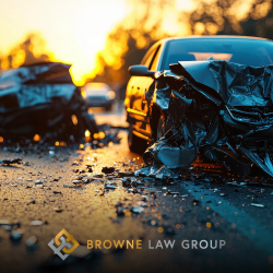 After a car accident in Phoenix, two smashed cars sit in the road surrounded by debris