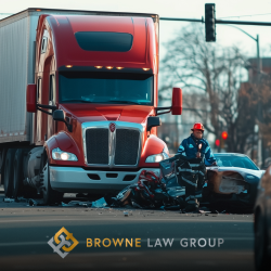A red truck stopped in the middle of a Phoenix, AZ street with a first responder nearby